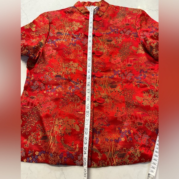 Richness FashionRed Satin Feeling Brocade Chinese Blouse Size Large - Picture 4 of 8